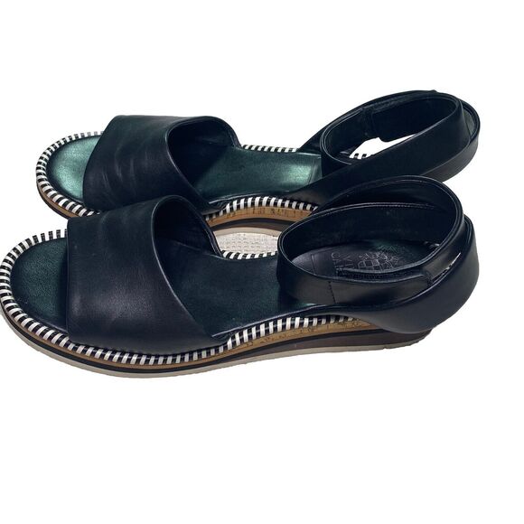 Vince Camuto Sandals Size 8.5 Leather Ankle Strap Low Wedge Heel Black Hook Loop - Picture 2 of 7